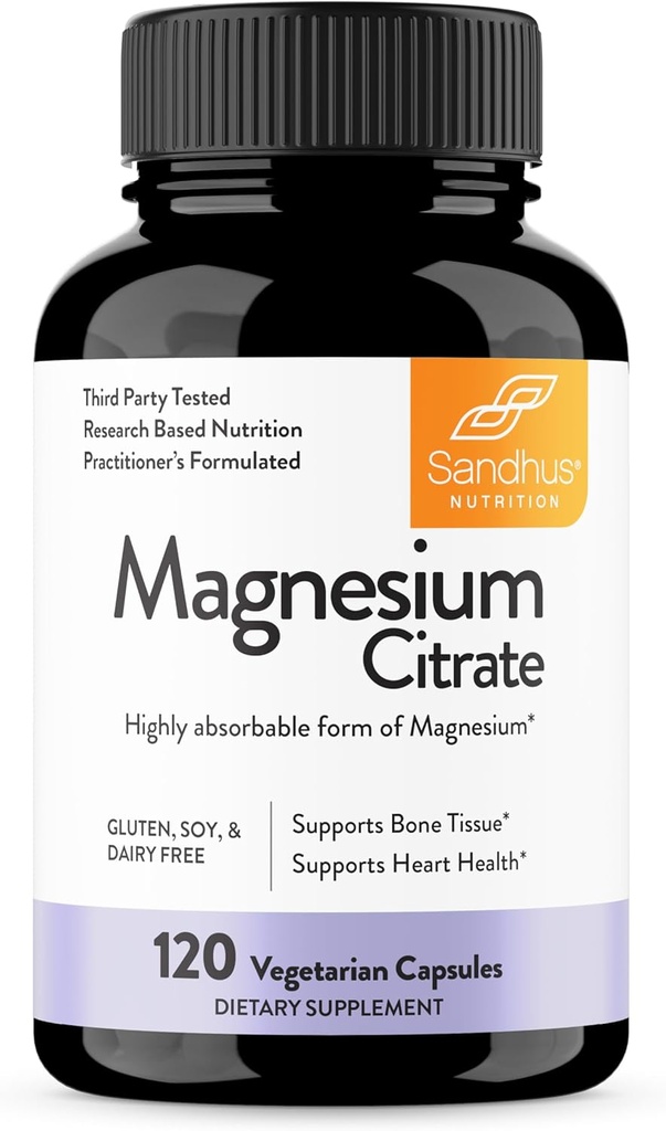 Sandhu's Magnesium Citrate Hoog Absorbeerbare Gluten, Soja dagboek Vrij Geen Fillers 120 Vegetarische Capsules