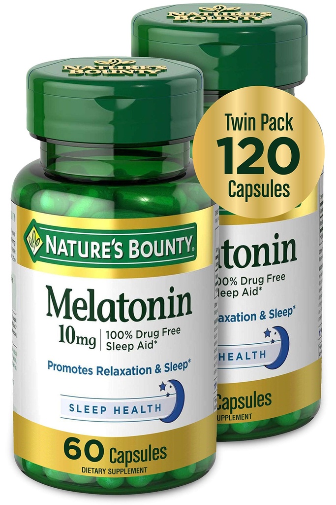 Nature's Bounty Melatonine, favorise la relaxation et la santé du sommeil, 10mg, Capsules, 60 Ct (2 Pack)