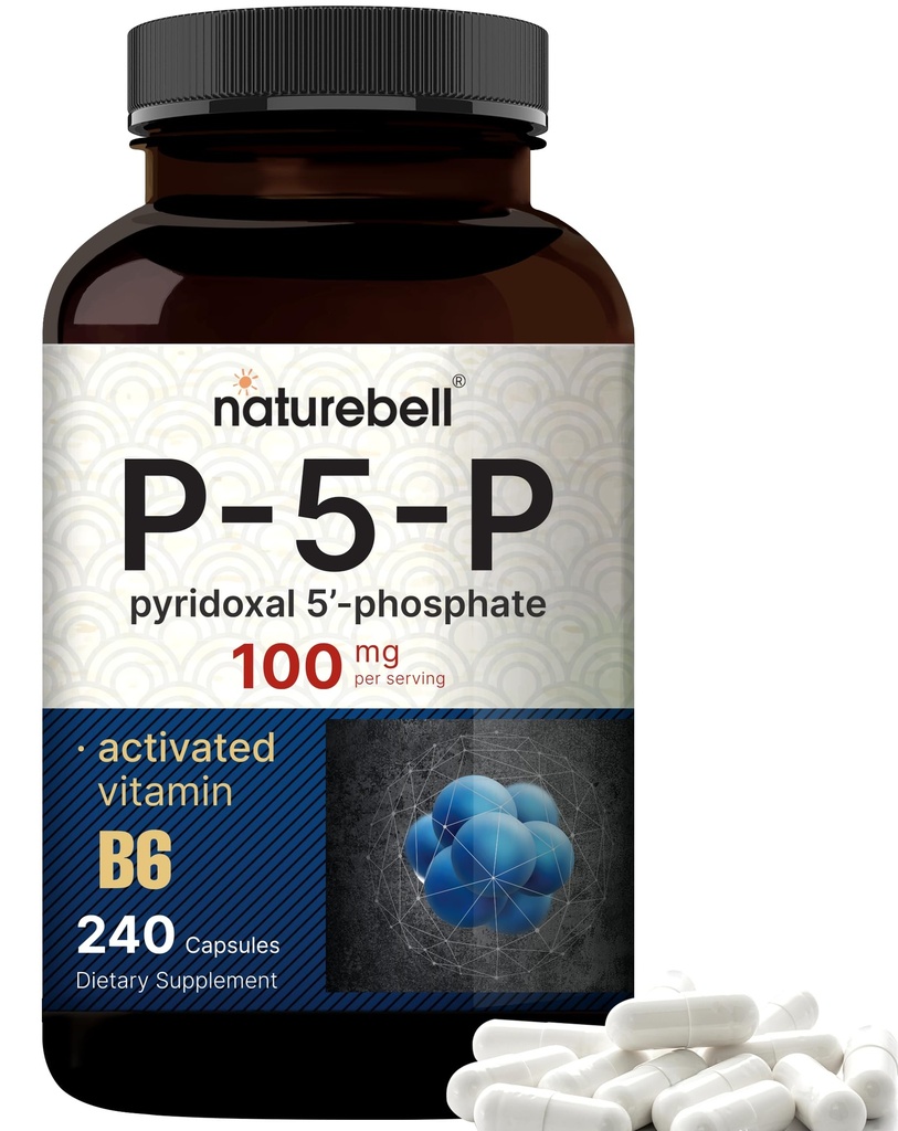 NatureBell P5P Vitamine B6 100mg par portion, 240 capsules Activated Pyridoxal 5 suppléments de phosphate – Vitamines essentielles B pour la santé cérébrale et mémoire – Non-OGM