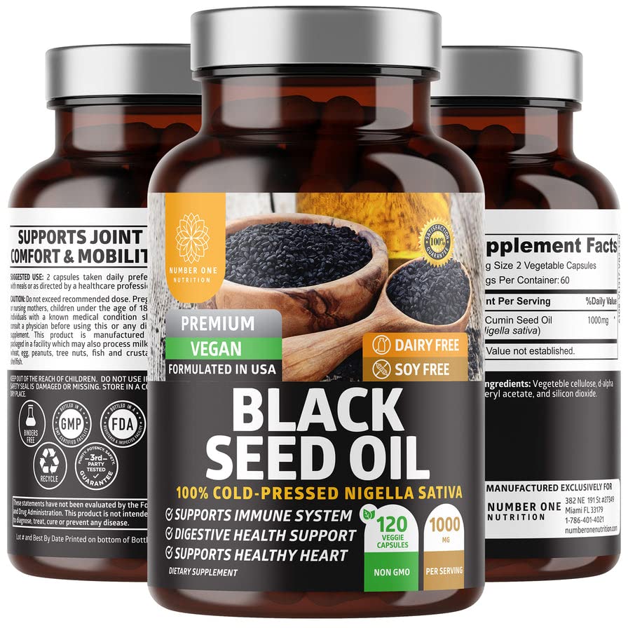 Number One Nutrition N1N Premium Black Seed Oil [Max Strength, 1000 mg] 100% Cold-Pressed Nigela Sativa ter ondersteuning van spijsvertering, immuunsysteem en gezamenlijke comfort en mobiliteit, 120 Caps