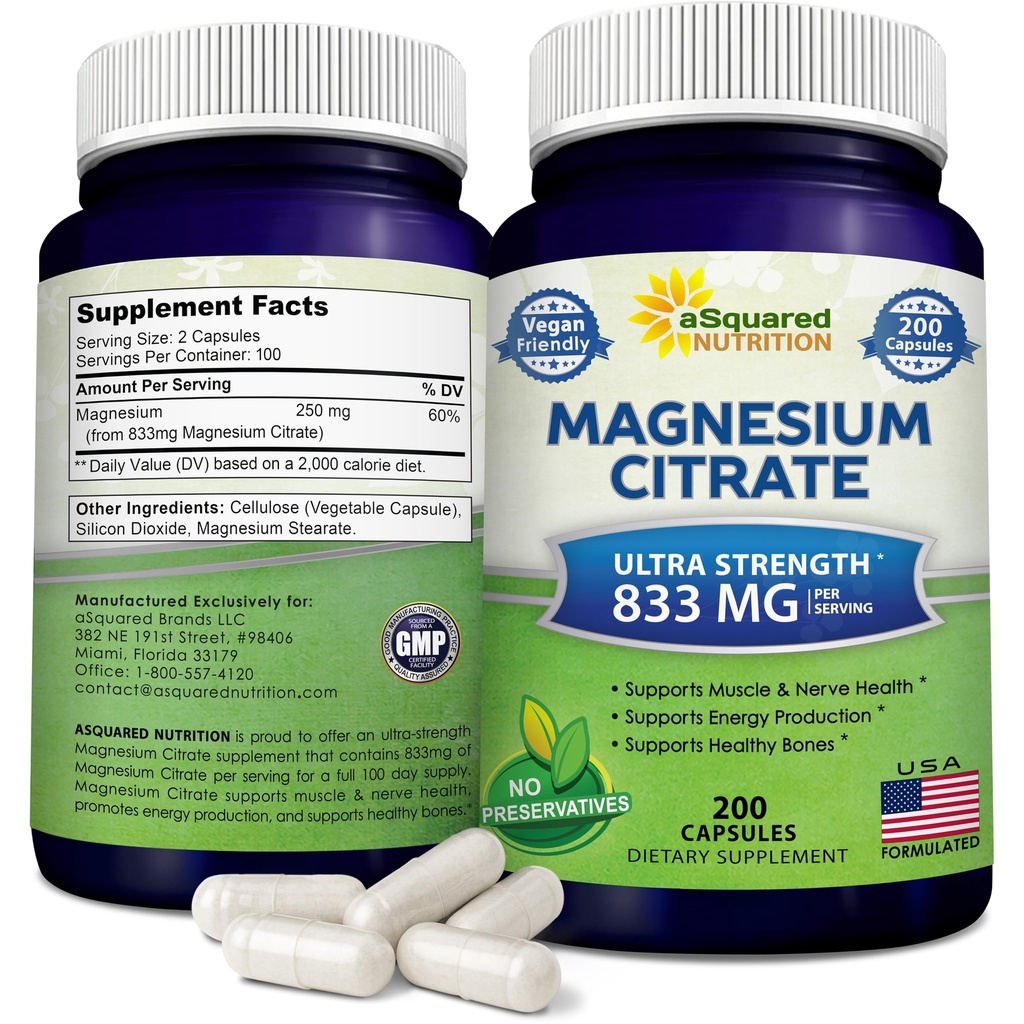 aSquared Nutrition Magnesium Citrate 833mg Supplement - 200 Capsules - Max Strength Vegan Mag Citrate Powder Pillen ter ondersteuning van pure functie van spieren, hart en botten - helpt verhogen van energie