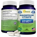 aSquared Nutrition Magnesium Citrate 833mg Supplement - 200 Capsules - Max Strength Vegan Mag Citrate Powder Pillen ter ondersteuning van pure functie van spieren, hart en botten - helpt verhogen van energie
