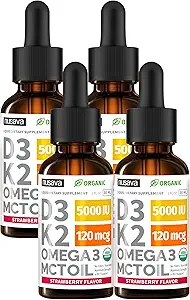 (4 verpakkingen) Biologische vitamine D3 K2 druppels met MCT olie Omega 3, 5000 IE - Maximale sterkte vitamine D vloeistof, geen fillers, niet-GMO vloeibare D3 voor snellere absorptie en Immune ondersteuning (Strawberry, 4 Fl Oz)