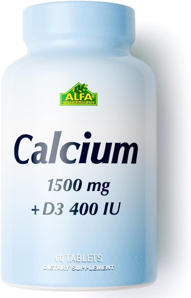 ALFA VITAMINS Calcium 1500mg & vitamine D3 400 IE, ondersteunt botgezondheid en immuunsysteem, essentiële vitaminen voor sterke botten en tanden, calciumcitraatsupplement met vitamine D3, 60 tabletten