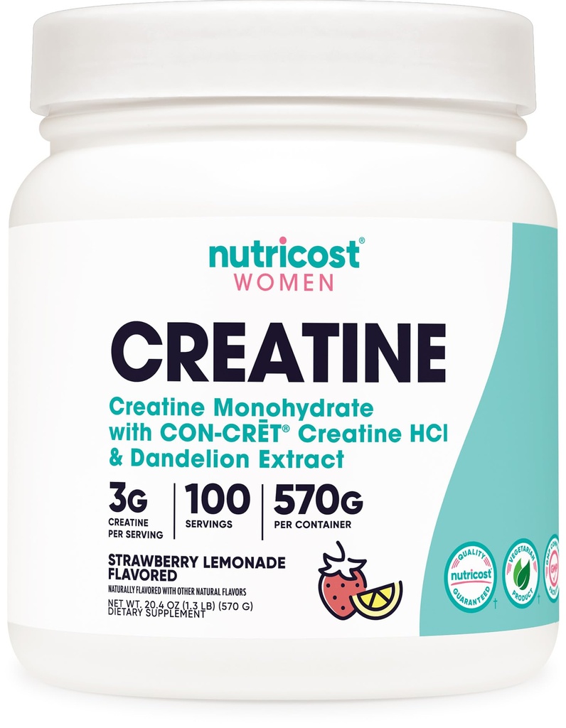 Nutricost Poudre monohydratée de créatine pour femmes, micronisée, citronnade aux fraises, 100 portions - Végétarien, Non-OGM, Sans gluten