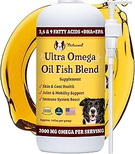 Natural Dog Company Ultra Omega Oil for Dogs a 2000 MG Omega 3, 6, 9, with Salmon, Pollock & Flaxseed Oil, EPA & DHA, Dog Supplement for Skin, Coat, Joints, Allergie & Itch Relief, Dog Fish Oil 16oz