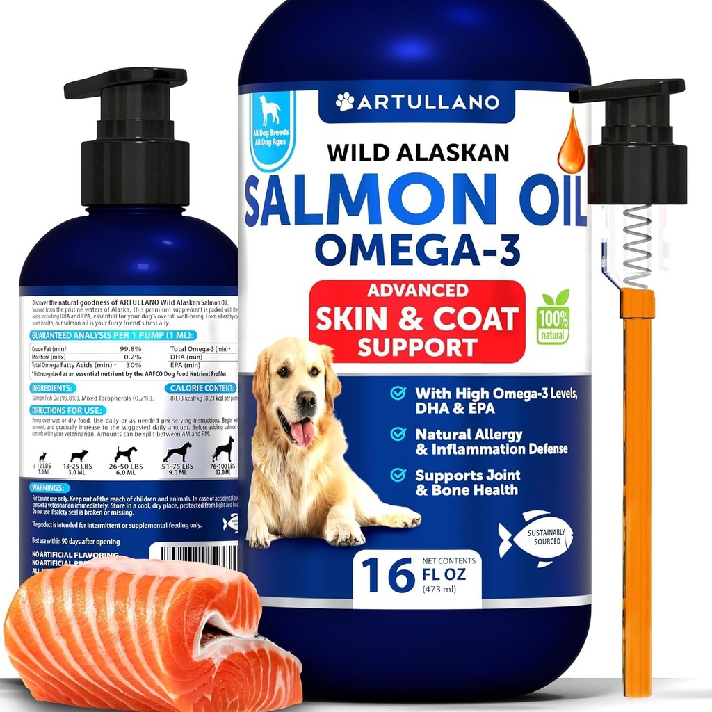 Huile de saumon pour chiens - Omega 3 pour chiens - 16 FL OZ Huile de saumon sauvage de l'Alaska - Acides gras naturels de l'EPA et de l'ADH pour la peau et le manteau, l'allergie, les articulations et la santé des os - Supplément de soutien liquide pour le mouillage