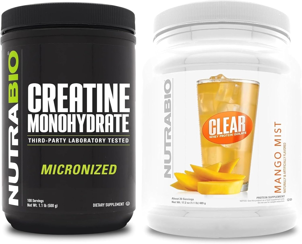 NutraBio Creatine Monohydrate, non aromatisé, (500 g) et Isolate de protéines de lactosérum clair, (Mango Mist) Ensemble de suppléments – Énergie musculaire, croissance maximale, récupération et force