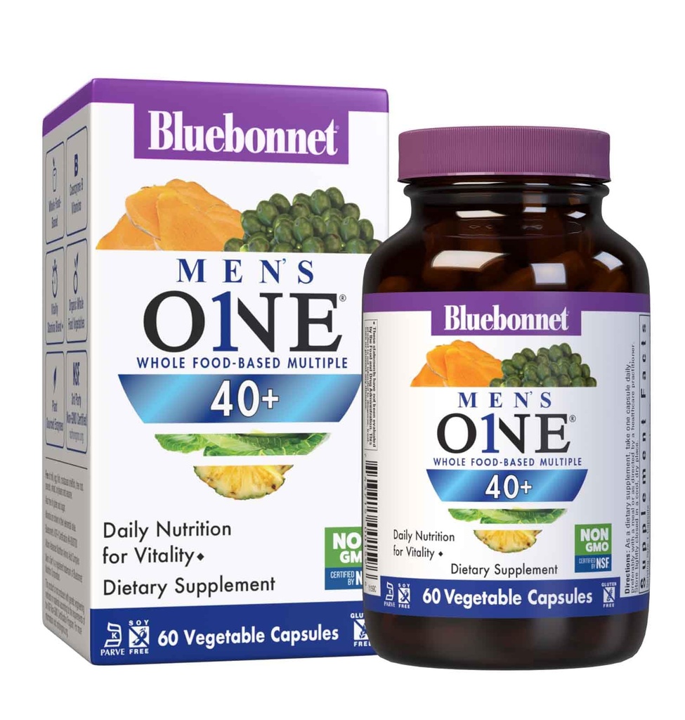 Bluebonnet Nutrition Hommes ONE 40+ Multivitamine pour hommes 40+, sans soja, sans OGM, sans gluten, casher, 60 capsules végétales, 60 portions