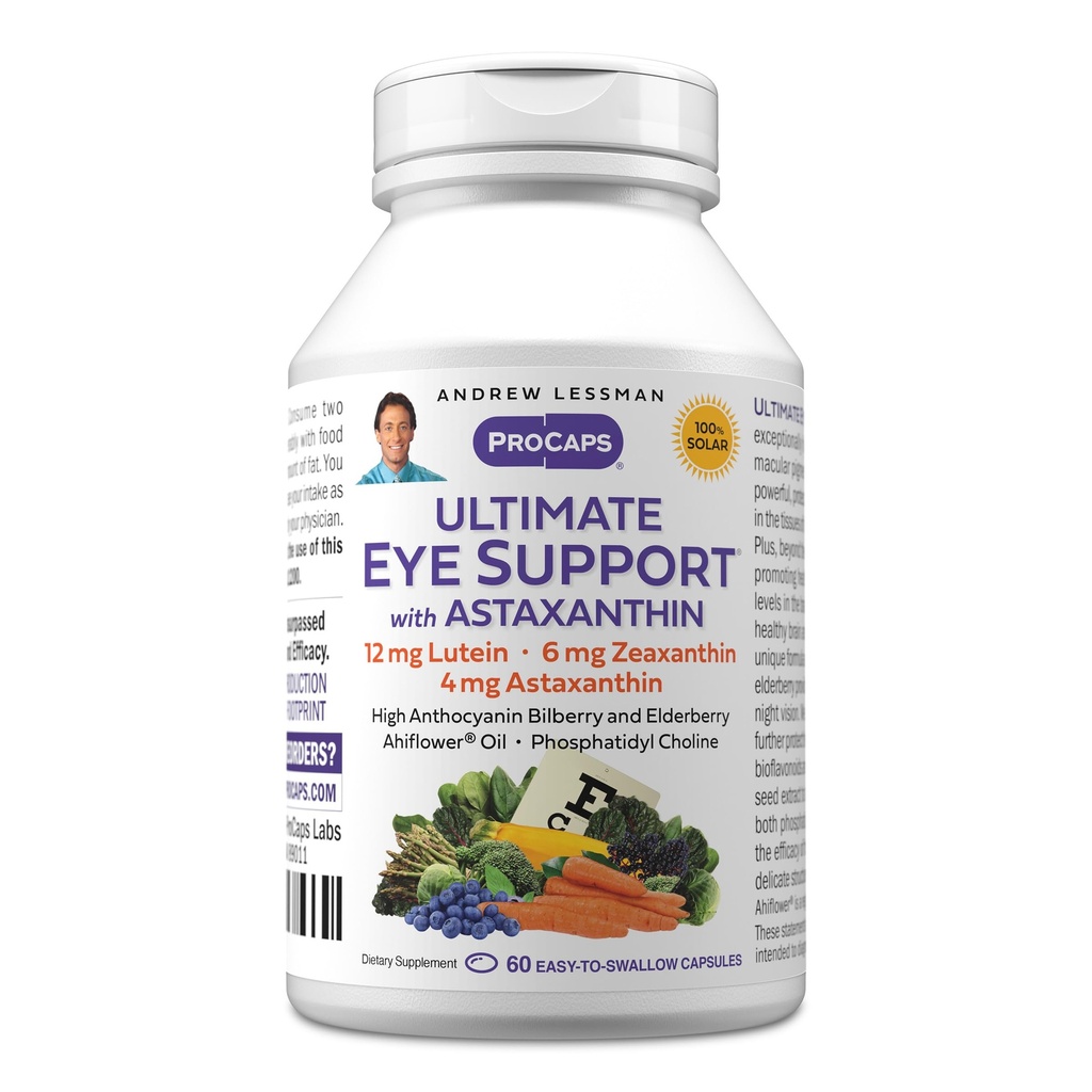 ANDREW LESSMAN Ultimate Eye Support with Astaxanthin 60 Softgels - 12mg Lutein, 6mg Zeaxanthin, 4mg Astaxanthin, Bilberry. Éléments nutritifs clés pour appuyer la santé oculaire, promouvoir une vision saine. Aucun additif