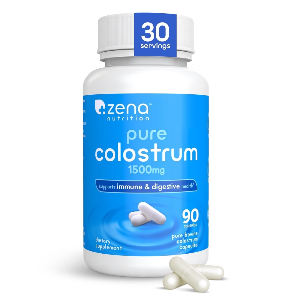 Zena Nutrition Pure Colostrum Capsules, 1500mg Supplement, Grass Fed Bovine Colostrum, Ondersteunt Immune en Digestieve Gezondheid, Promoot Gut Health, Glutenvrij, Vetvrij, 1 Maand Levering, 90 Capsules