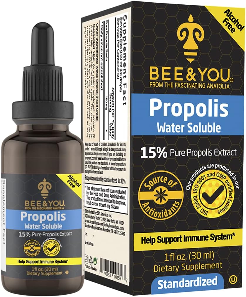 BE en u 15% Pure Propolis Wateroplosbare Extract - Hoge Potentie - Zero Sugar - Zero Calorie - Natuurlijke Immune Support&Sore Throat Relief Antioxidanten, Keto, Paleo, Glutenvrije, 1 Fl Oz