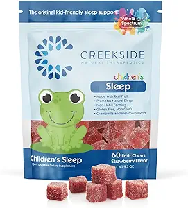 Creekside Naturals Kinderen slapen echte fruitkauwers, 0,5 mg Melatonine slaapsupplement met kamille, kinderarts geformuleerde veganistische gummies, aardbeiensmaak, 60 fruitkauwers