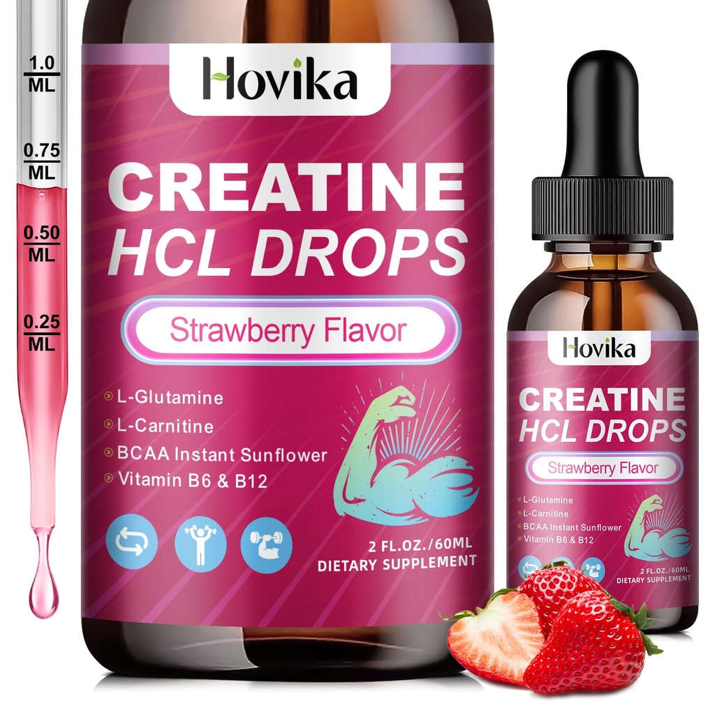 Creatine HCL Liquid Drops for Men & Women, Createine Hydrodide with L-Carnitine, L-Glutamine, BCAA, Vitamine B12 & B6 for Muscle Growth, Promote Energy & Recovery-Vegan, Strawberry Flavor, 2 Fl Oz