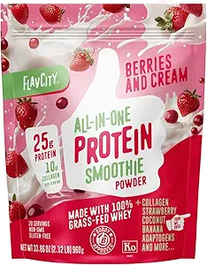 FlavCity Grass Fed Wei Proteïne Poeder - Bessen & Cream - 25g Proteïne & 10g Collageen - Gemaakt met biologische Aardbeien & kokosmelk - Glutenvrij & geen toegevoegde suiker (20 porties)