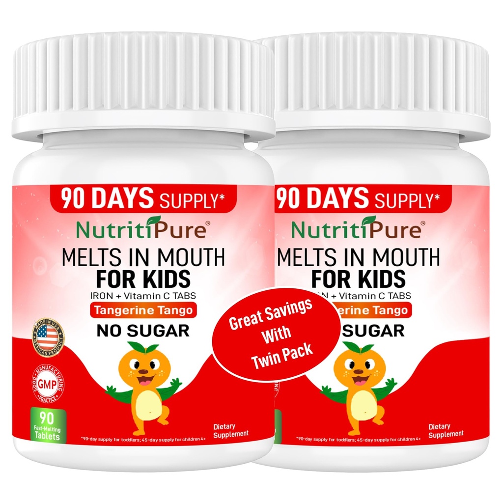 Kauwbare ijzersupplementen voor kinderen (Ferronyl®/Carbonyl Iron 9 mg met vitamine C 30 mg) Tablet in Tangerine Tango Orange Flavor Kids Supplement 90 Telling (2 flessen)