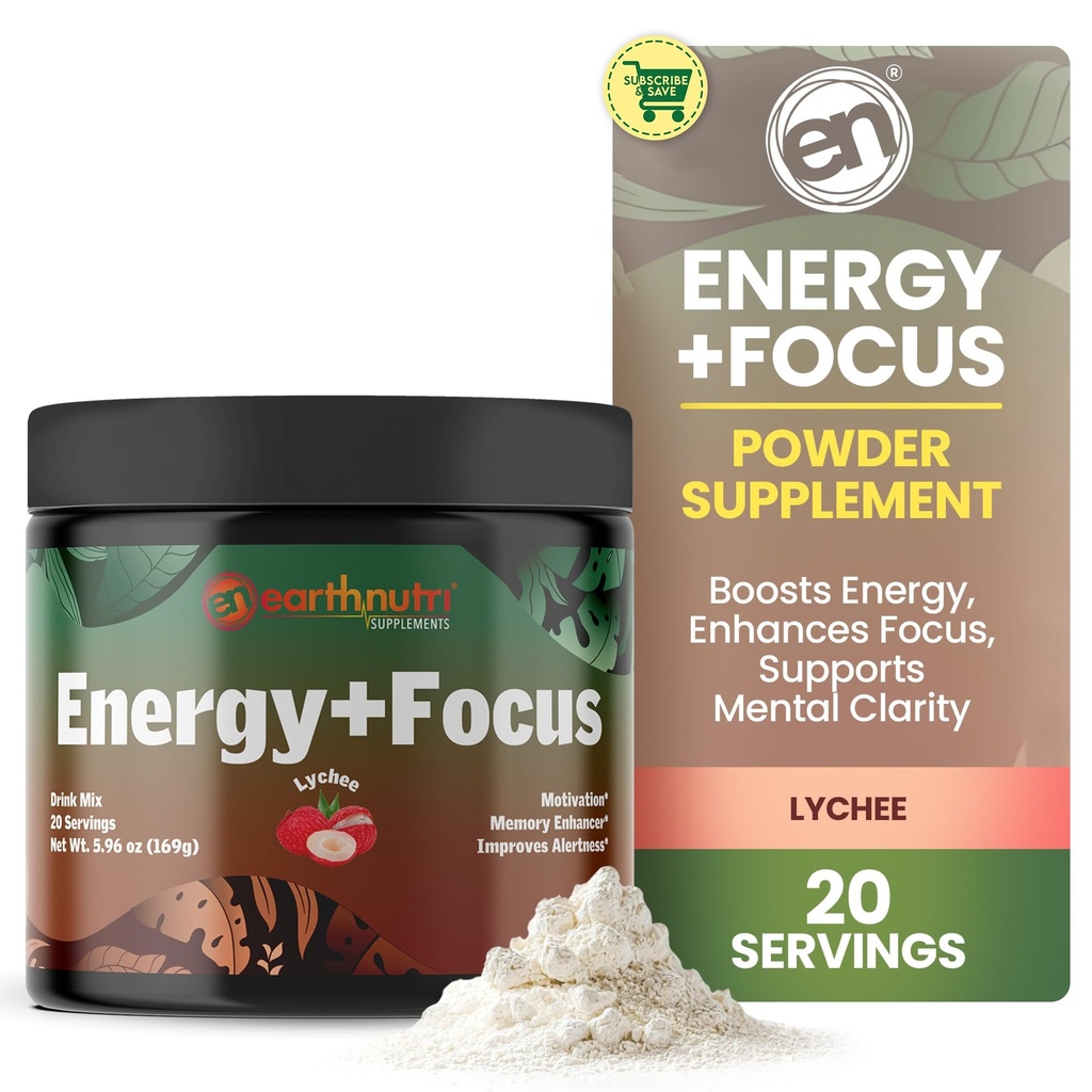 EarthNutri Energy + Focus Powder Supplement - Energy Boost & Helpt Concentratie met PeakO2, AlphaSize, Cognizin, PurCaf, Theacrine, Acetyl L-Carnitine L-Tyrosine 