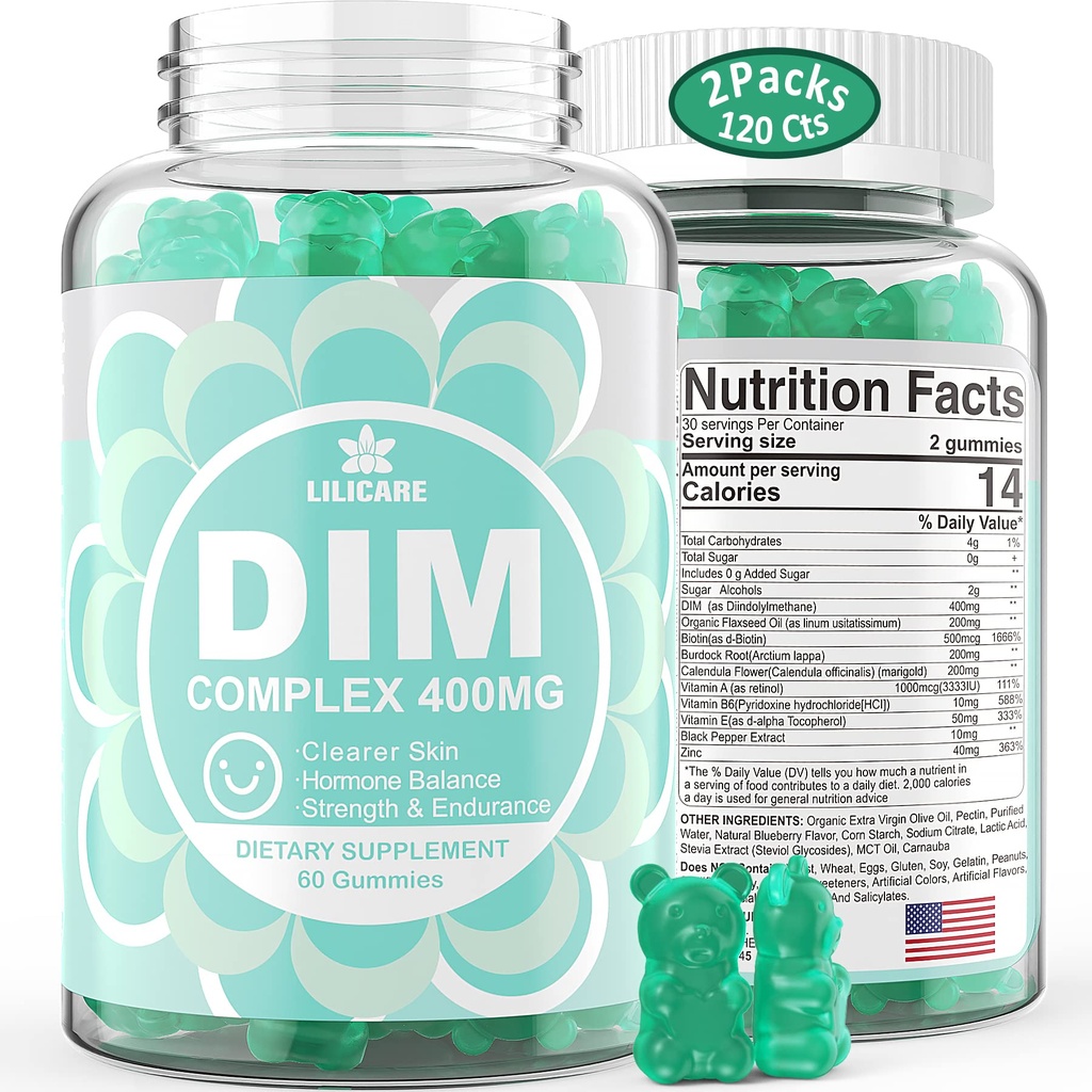 DIM Supplement Vrouwen 400 mg, Estrogen Supplement voor vrouwen, Suikervrije DIM Gummies voor mannen & vrouwen + Biotine, Vlaszaadolie, Burdock, Calendula, BioPerine voor Hormone Balance, Menopauze & Prostate 120Cts