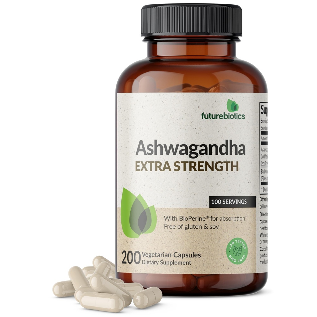 Futurebiotica Ashwagandha Extra sterkte Stress & Mood Ondersteuning met BioPerine - niet GGO-formule, 200 Vegetarische Capsules