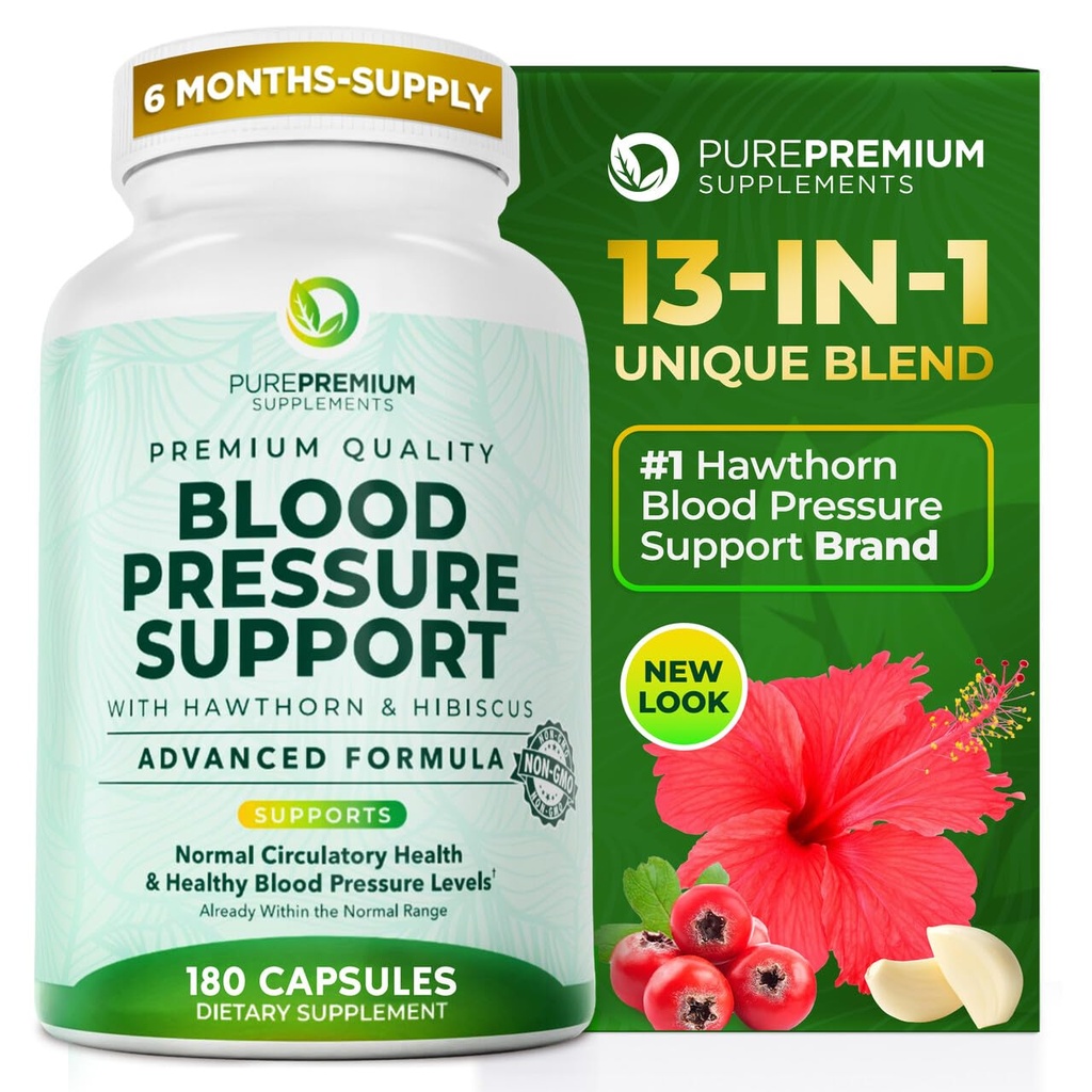 Suppléments de pression artérielle PurePremium avec Berry Hawthorn, Hibiscus, Ail et Vitamine B12- Supplément à oxyde nitrique pour la santé cardiaque normale, la circulation Santé et soutien de la pression artérielle - 180ct
