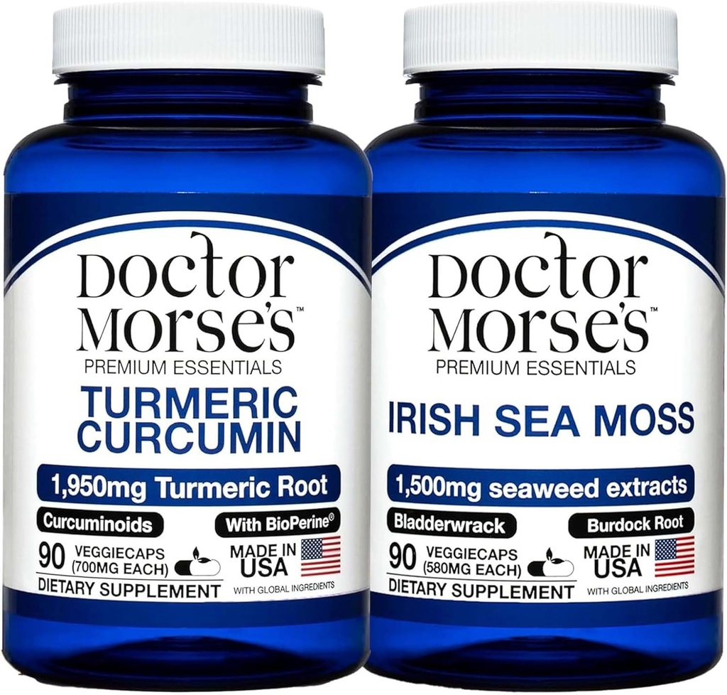Doctor Morse Turmeric Curcumin 1950mg & Irish Sea Moss 1500mg Bundle - Gezamenlijke ondersteuning, Immune Boost, en algemene gezondheid met BioPerine en Bladderwrack FDA-geregistreerde, NSF-gecertifieerde 90 capsules