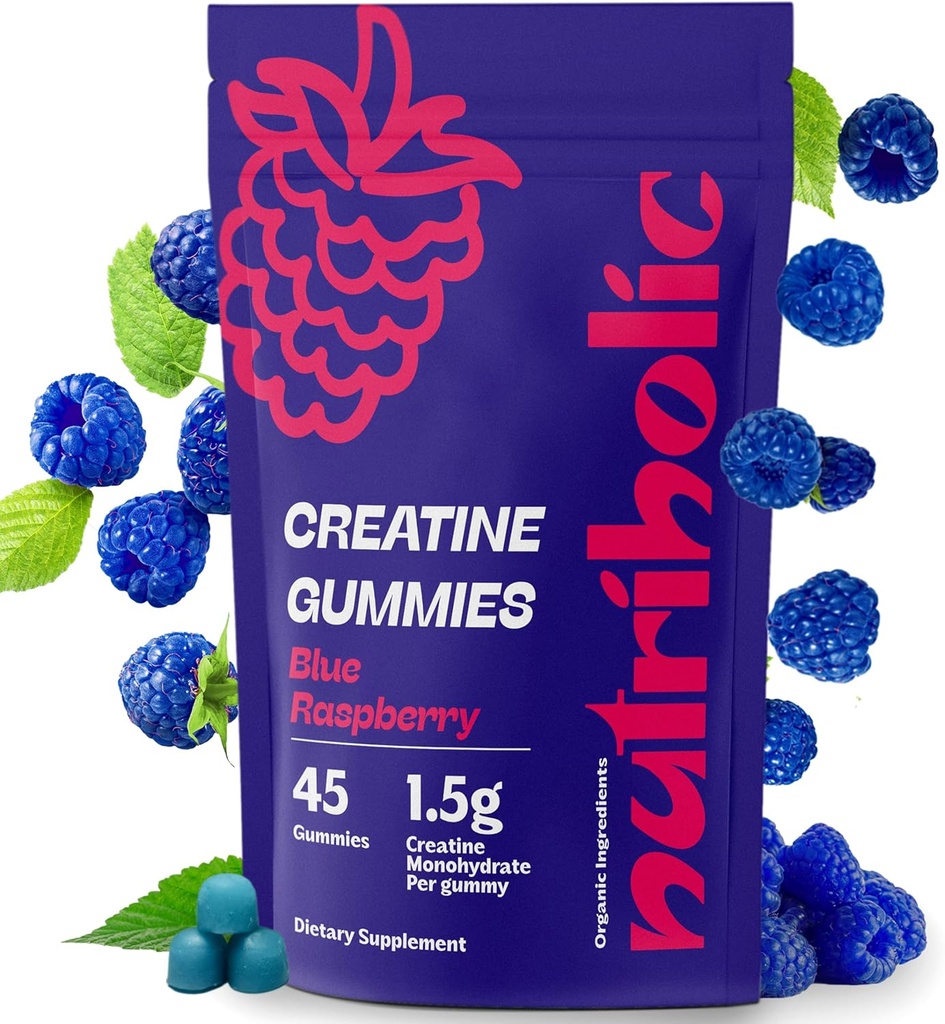 Creatine Monohydraat Gummy's voor mannen en vrouwen - Gemakkelijk te graven, Veganistisch, Glutenvrij, Non-GMO, 1.5g Creatine per Gummy - 45ct (45 Telling, Blauwe Raspberry)