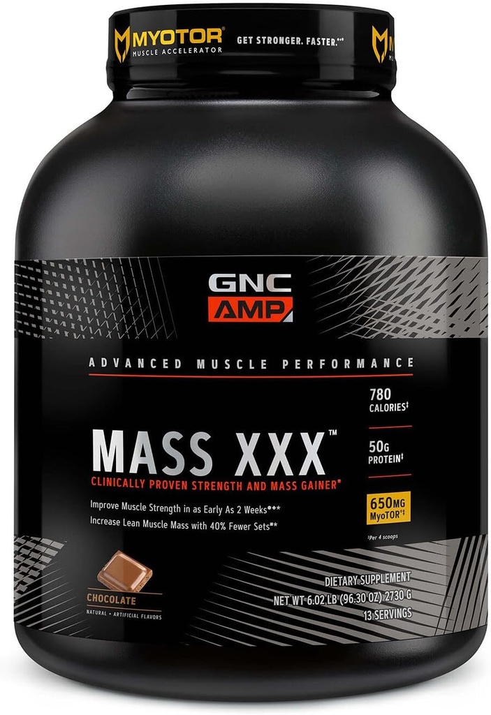 GNC AMP Mass XXX, klinisch bewezen Weight Gainer Proteïne Poeder, verbetert de sterkte en grootte, 780 Calorieën, 50g Proteïne, Micronized Aminozuren, Creatine, Betaine, Chocolade, 13 Servers, 6 Ponden