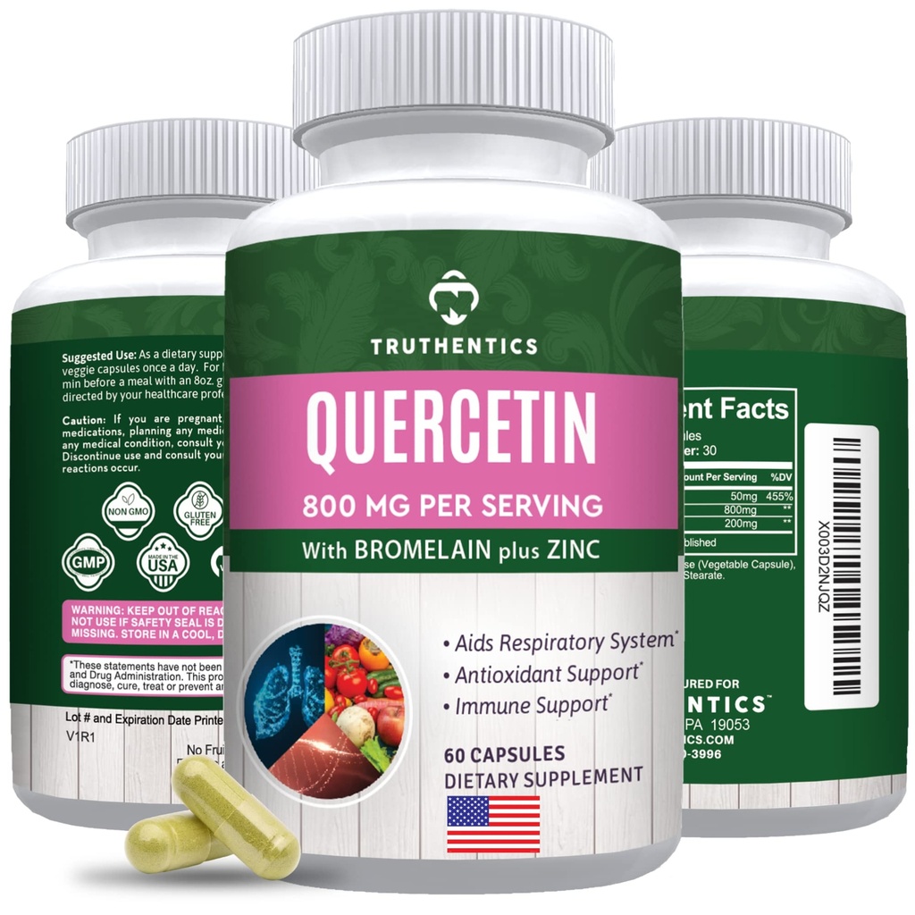 TRuthentics Quercetine met bromelaïne en zink 1050 mg - Premium zinkquercetinesupplementen voor immuun-, ademhalings- en seizoensondersteuning - Non-GMO, Glutenvrij - 60 Veggie Capsules