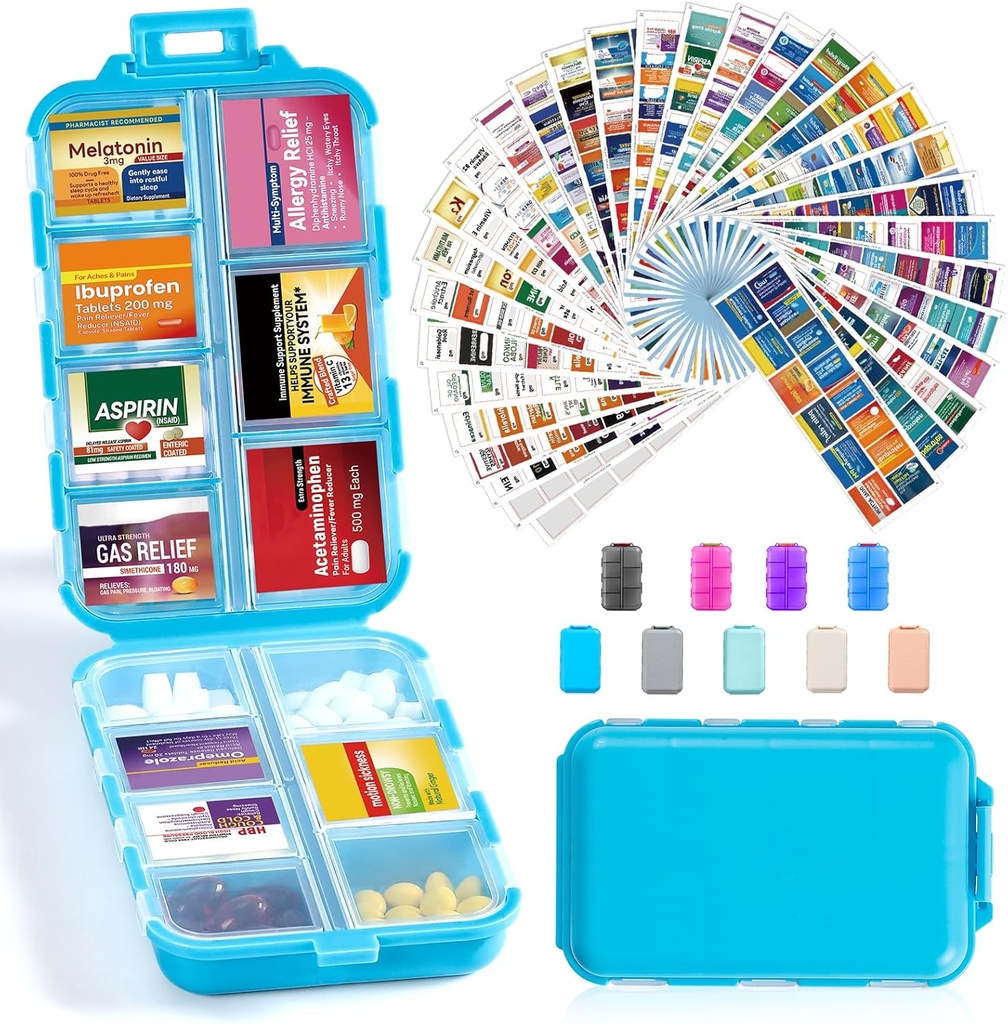 14 Grids Travel Pill Organizer Box met 415-Pcs Medicine Naam Labels - Pocket Daily Pharmacy Case Container Kit - Travel Medication Holder Dispenser voor Visolie Vitamine Supplement Opslag - Blauw