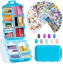 14 Grids Travel Pill Organizer Box met 415-Pcs Medicine Naam Labels - Pocket Daily Pharmacy Case Container Kit - Travel Medication Holder Dispenser voor Visolie Vitamine Supplement Opslag - Blauw