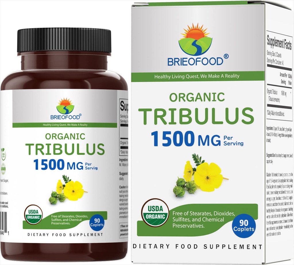 Brieofood Biologische Tribulus 1500mg, 45 porties, Vegetarisch, Glutenvrij, 90 Vegetarische tabletten