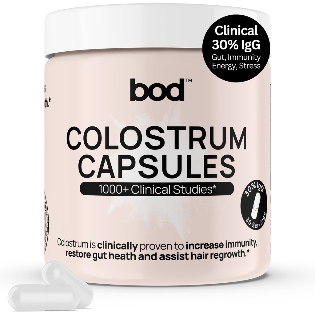 Bod Colostrum Capsules, Supplément Colostrum pour le soutien de la peau et de la croissance des cheveux, Immune Support, Gut Health, Muscle & Wellness, IgG 30% Pure Superfood Bovin Colostrum Pills, Non aromatisé, 30 portions