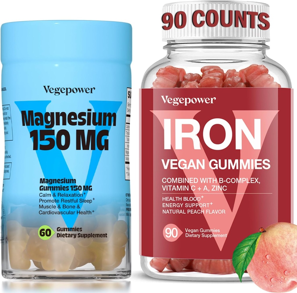 IJzersupplement met Magensium Gummies, Vegan Iron Gummies met vitamine C, A, B-complex, Folate, Zink voor volwassenen & kinderen, voor Iron Deficency, Anemie, Relaxation Sleep, Non-GMO