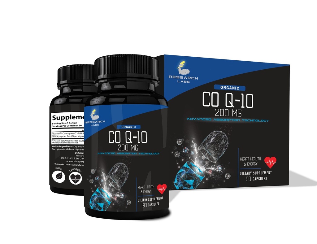 Research Labs Advanced Absorptie 200mg CoQ10 w/Black Pepper Extract. 90 Softgels. Biologische, Glutenvrij, Hart Gezondheid Ondersteuning, Energieproductie, Antioxidant Supplement