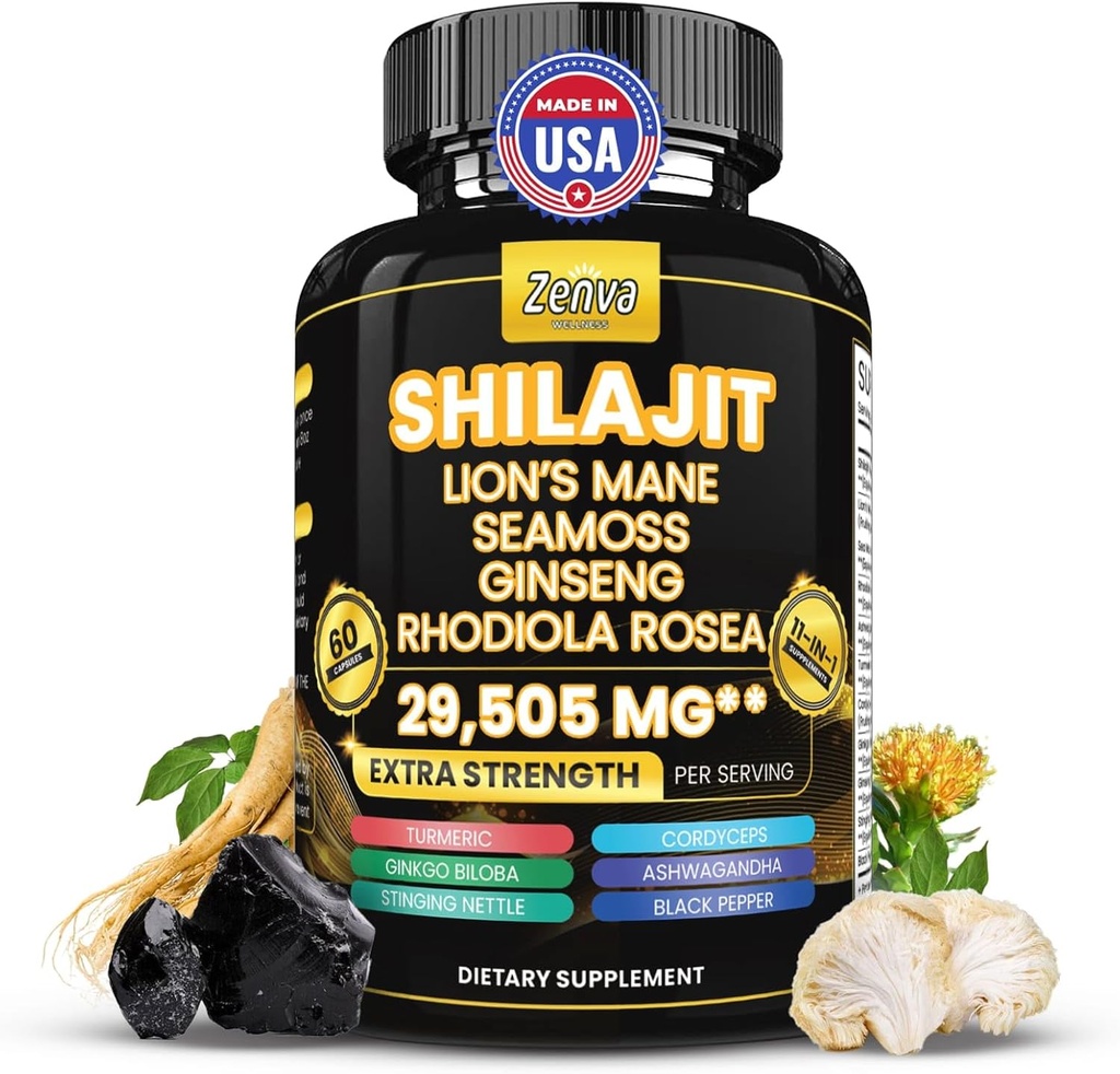 Shilajit en Sea Moss Combo Pure Shilajit voor mannen en vrouwen Himalaya Shilajit Capsules Extra sterkte met Lions Mane, Rhodiola Rosea, Ashwagandha, Cordyceps, Ginseng Plus Turmeric