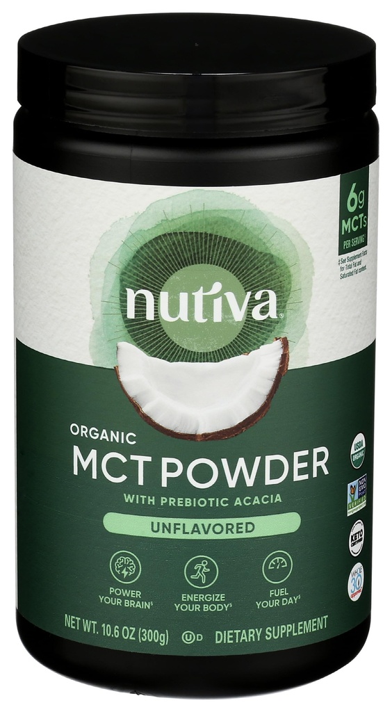 Nutiva Biologische MCT Poeder met Prebiotic Acacia Fiber, Classic, 10.6 Oz, USDA Biologische, Niet-GMO, Non-BPA, Veganistisch, Glutenvrij, Keto & Paleo, Instant Drank of Boost to Coffee & Smoothies