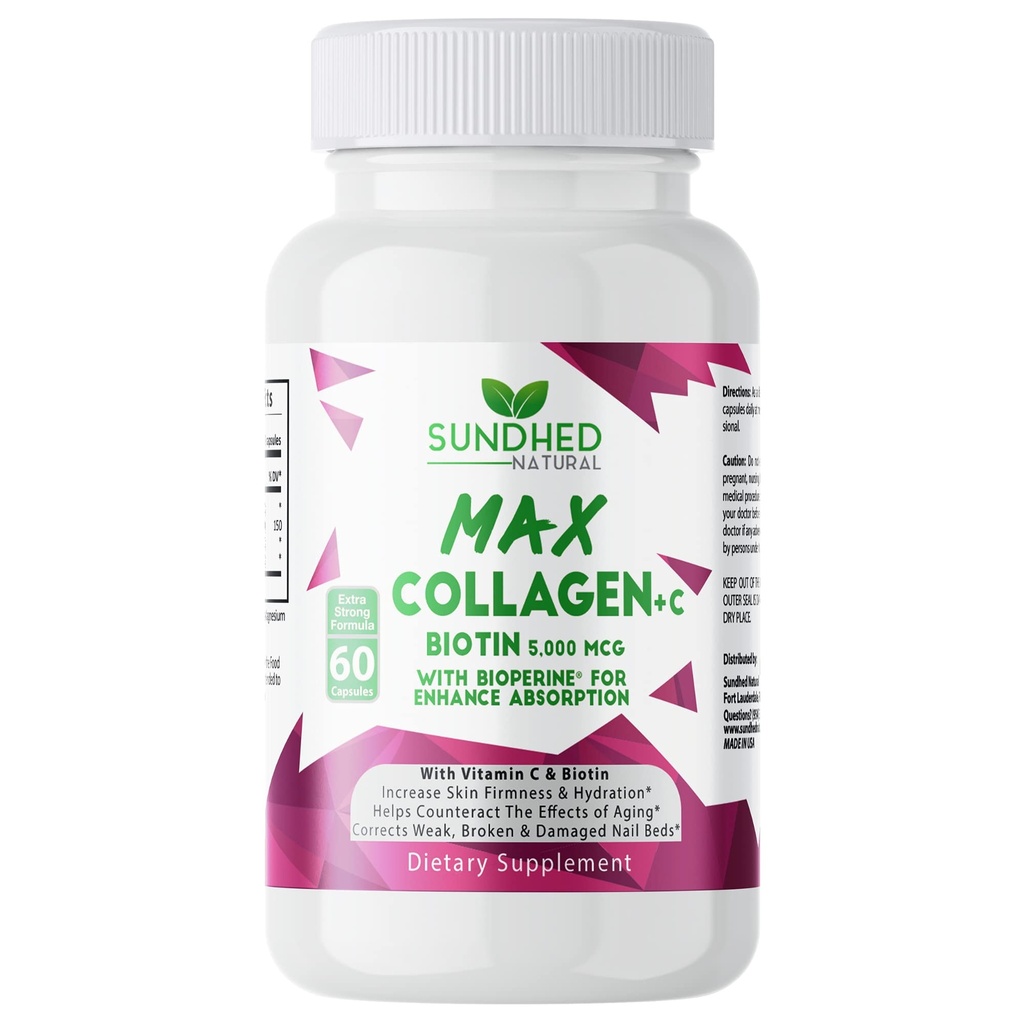 Max Collageen Plus C (60 caps) - Alle natuurlijke collageen Capsules met Biotine en Bioperine te Boosten Anti Aging Hydration & Skin Firmness - Collageen Pillen om Bones & Nails te versterken