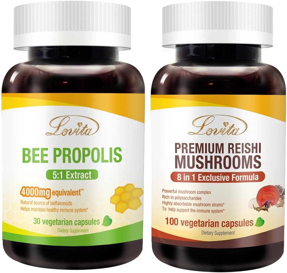 Lovita Bee Propolis Capsule & Premium Reishi Paddestoelen Voedingsmiddelenbundel. Dieetsupplement ondersteunt betere voeding en algemeen welzijn