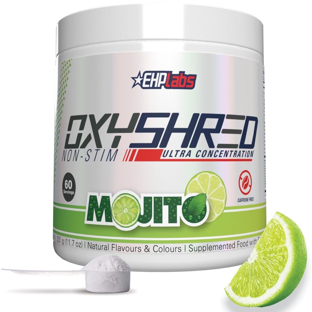 EHP Labs OxyShred Non Stimulant Pre Workout Powder - Stim Free Pre Workout, Cafeïne Gratis preworkout voor mannen en vrouwen - Non Stim Preworkout - Sugar Free Energy Powder - Mojito, 60 Servers
