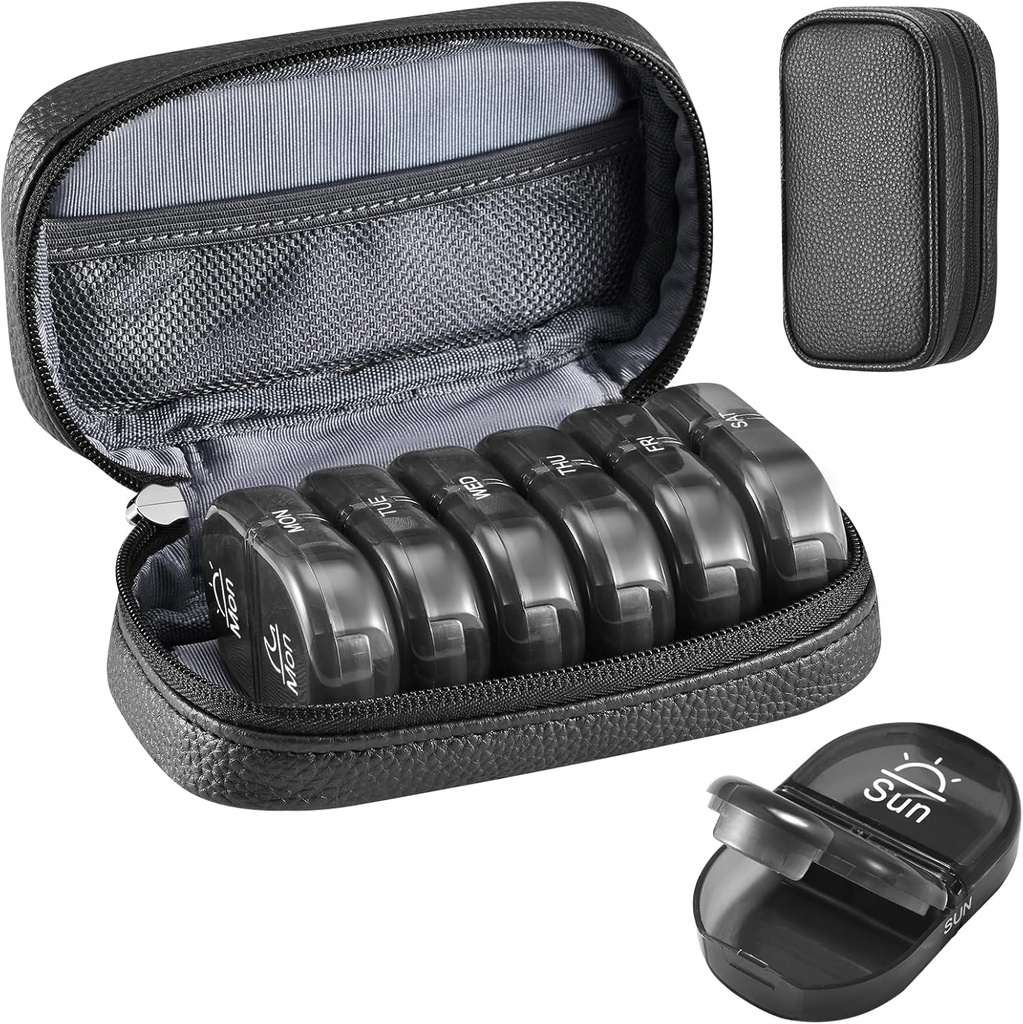 Serfeymi Weekly Travel Pill Organizer 2 keer Een dag AM PM Geupgraded Black Pill Box 7 dag met Portable Zipper PU leren pil Case, Medicine Organizer voor pillen, Vitaminen, Visolie - Black 01