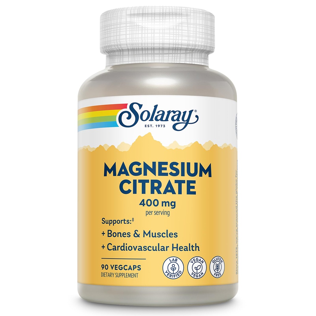 SOLARAY Magnesium Citrate 400mg - Magnesium Supplement - Bot Gezondheid, Spier, Ontspanning en Hart Gezondheid Ondersteuning - Verbeterde Absorptie, Veganistisch, Glutenvrij, 60-dagen garantie, 30 porties, 90 VegCaps