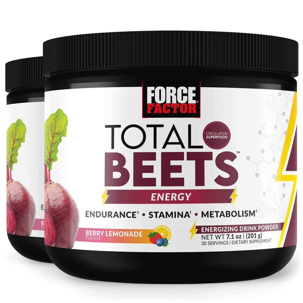 FACTEUR DE FORCE Total Betteraves Boisson énergisante Mix 2-Pack, poudre de racine de betterave super-alimentaire, nitrates pour stimuler l'énergie, soutien de la circulation, flux sanguin, oxyde nitrique et stamina, supplément de santé cardiaque, 60 portions