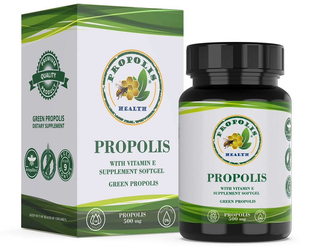 Propolis Health Propolis Capsules 1000mg-Daags met Vitamine E Per dosis - Pure Braziliaanse Green Propolis Extract - Immune Booster 50 Days Supply -100 Capsules