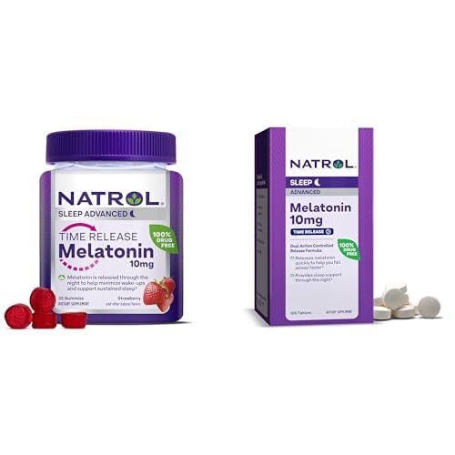 Bundle of Natrol Time Release Melatonine 10 mg 100 tabletten, Dieetsupplement voor rustgevende slaap, & Natrol Time Release Melatoning 3mg Gummies, 35 Aardbei-Gearomatiseerde Melatonine Gummies, 35 dagen Aanvoer