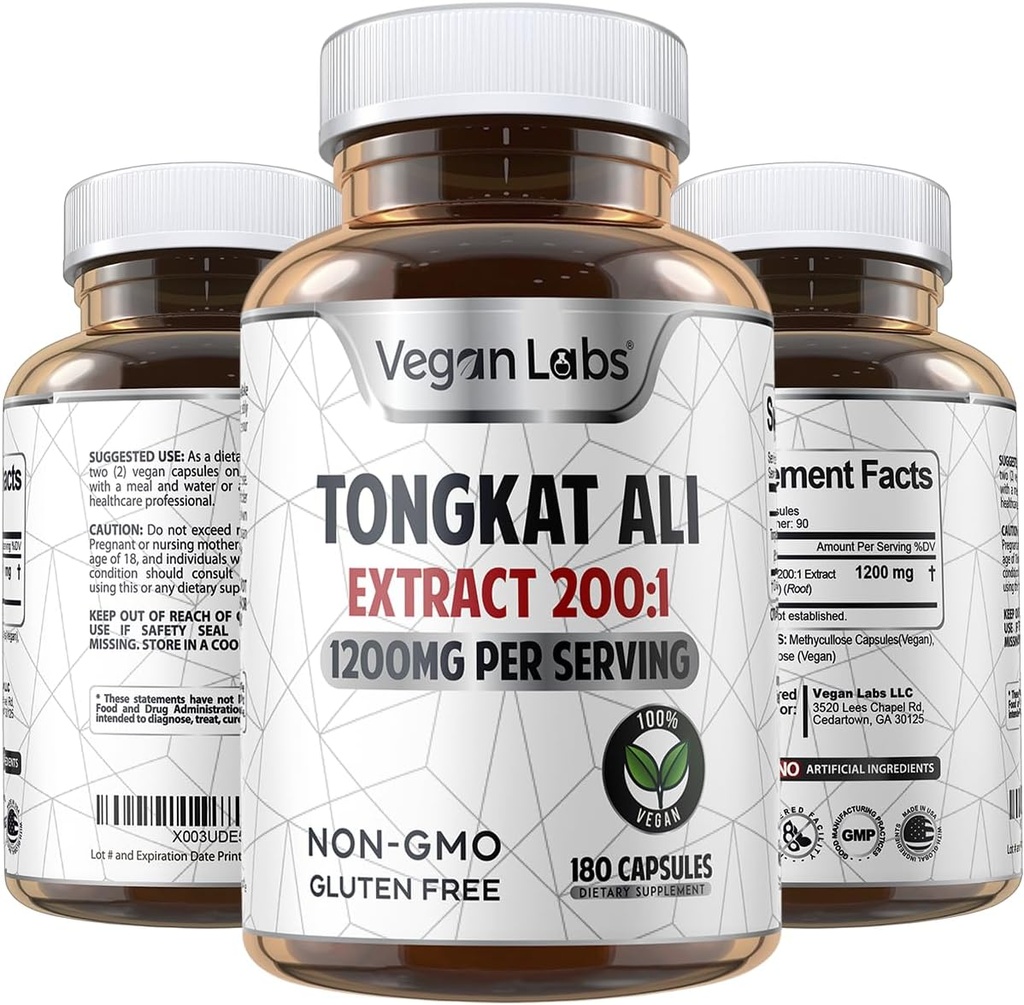 Vegan Labs Tongkat Ali 200:1 Extract, 1200MG Per porties- 180 Vegan Capsules- Ondersteunt energie en uithoudingsvermogen- Glutenvrij, Non-GMO Premium Quality Supplement