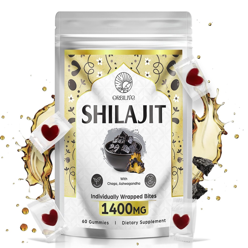 1400 MG Shilajit Gummies, Shilajit Pure Himalaya Biologische Gummies met Ashwagandha, Himalaya Shilajit voor mannen, 85+ Trace Minerals & Fulvic Acid, individueel verpakt, suikervrij, 60 Tellingen