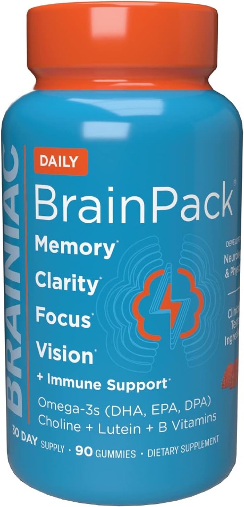 Brainiac Daily BrainPack Gummies, ondersteunt Brain Health met Omega 3 DHA EPA DPA, Choline, B6 & B12 en luteïne voor ooggezondheid met Immune Support, Citrus Berry Flavor, 90 ct