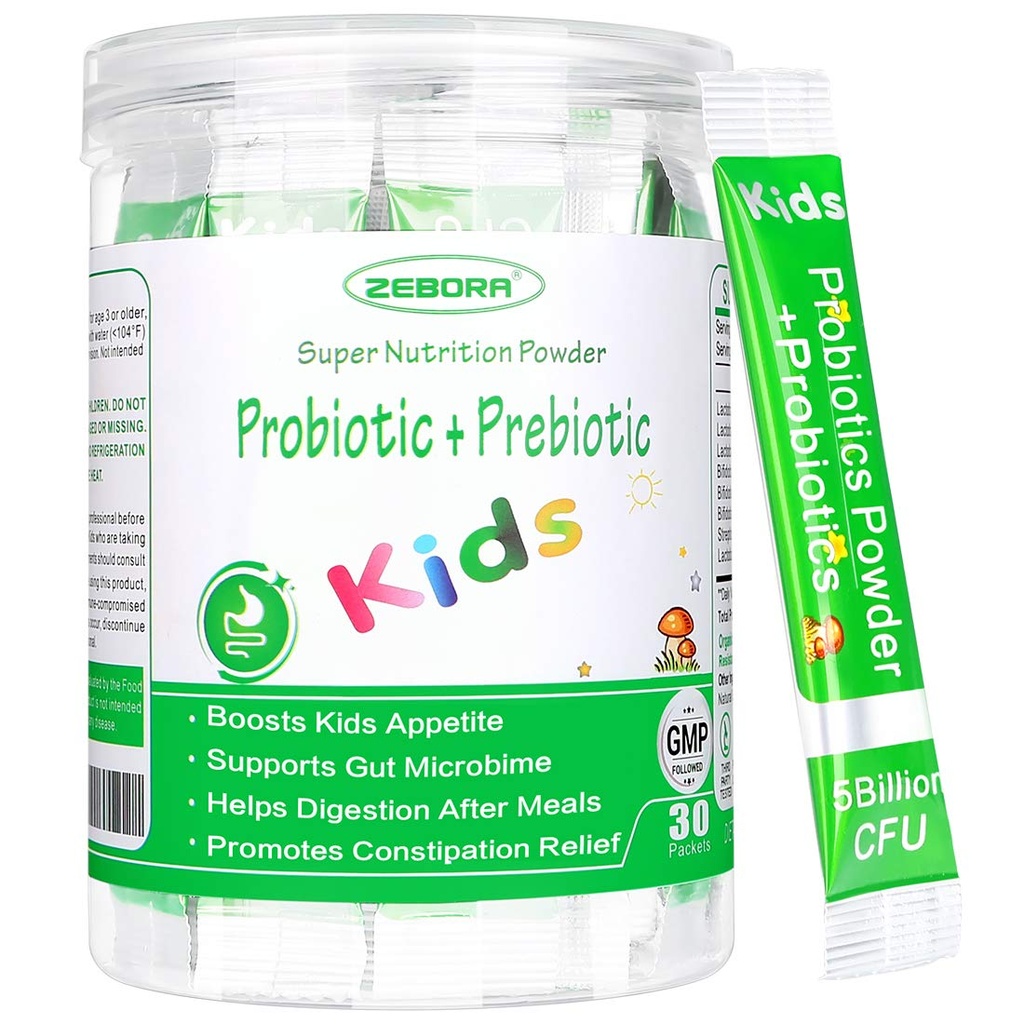 ZEBORA Kids Probiotic & Prebiotics Powder Age 3+ Ondersteuning van kinderen spijsverterings- en immuunsysteem met natuurlijke bron, bevordert constipatie verlichting, non-GMO, Glutenvrije, 30 pakketten met 5 miljard CFU