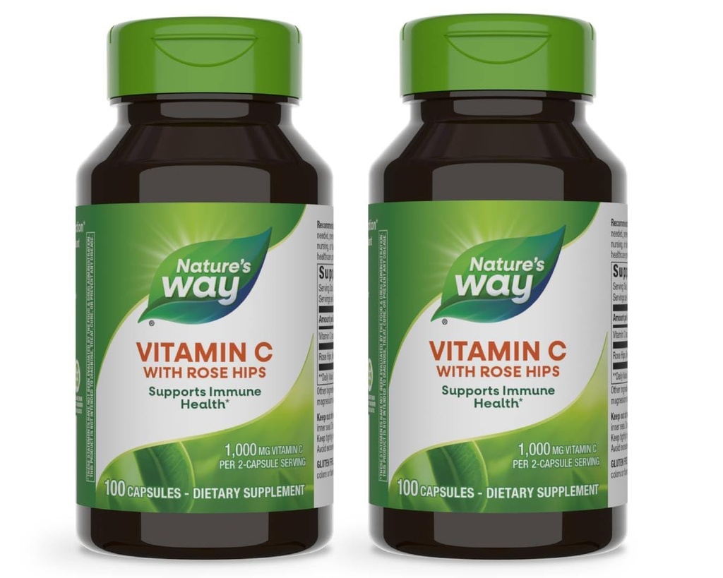 Nature's Way Vitamine C met Rose HIPS, Krachtige Antioxidant & Immune Functie Ondersteuning van Vitamine C*, Promotes Collageen voor gezonde huid*, 100 Capsules (Verpakking mei Vary) - 2 Pack