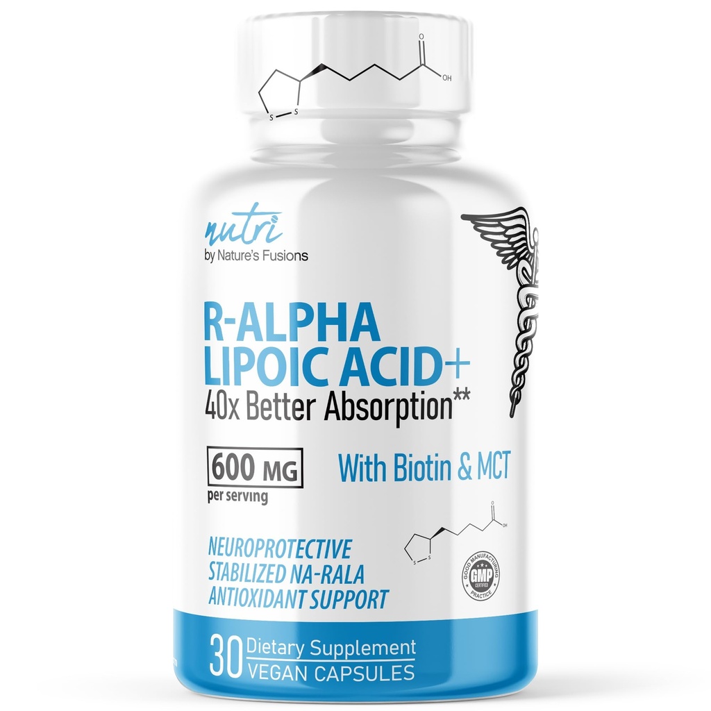 Nutri R Alpha Lipoïnezuur 600 mg Capsules - R Lipoïnezuur gestabiliseerd met Biotine - Actieve vorm van R-ALA - 600 mg Klinische dosering - Krachtige Cellular Energy Support - 30 Vegan Capsules - RALA